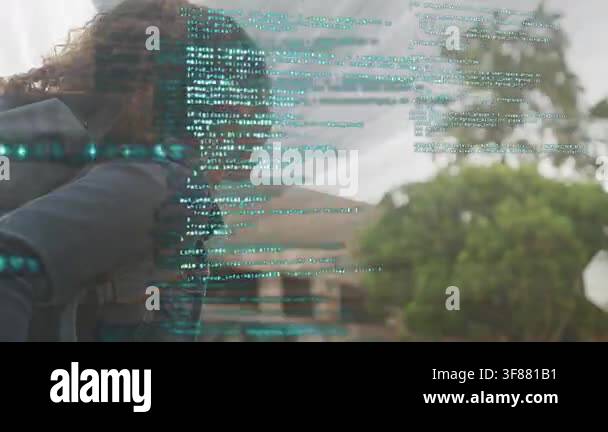 Woman commuter walking city street, motion starting teal code overlay ...