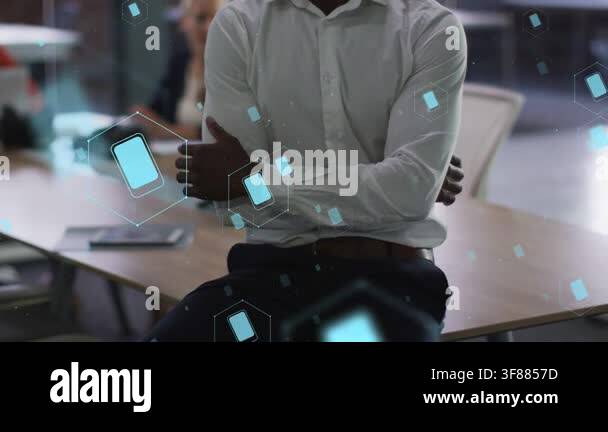 Man shifting, smiling as camera closing in for business, animated ...