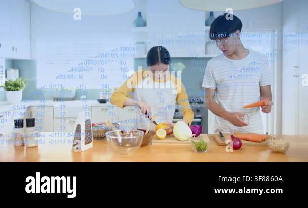 Woman picking knife, man reaching carrot, slicing peeling veg for meal ...