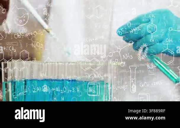 Droplet Gloved scientist dropping pipette droplet into test tube rack, running ...