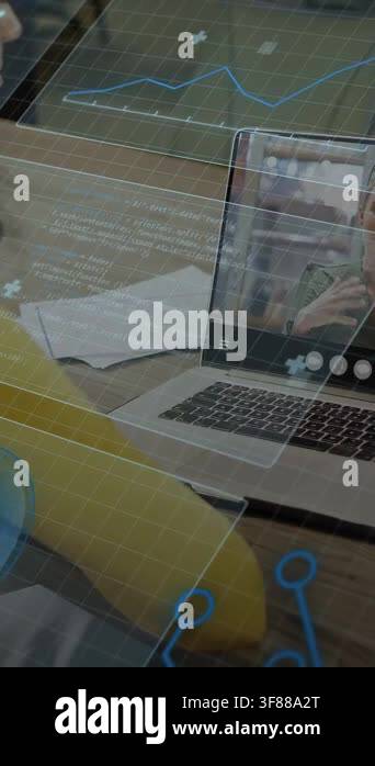 Vertical video: Woman using laptop onscreen host sharing line chart and ...