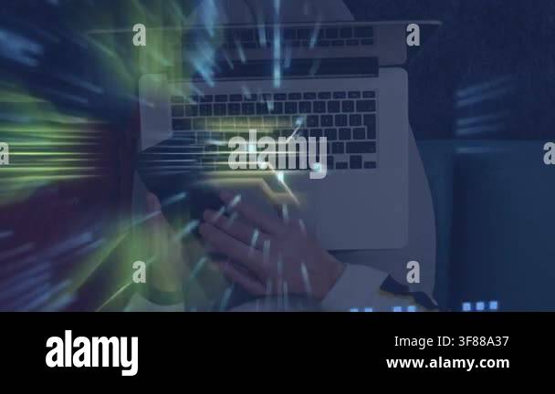 Man holding phone, typing on laptop, generating circuit code overlays ...