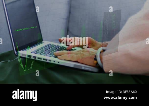Senior woman starting typing resting hands tech graph code overlaying ...