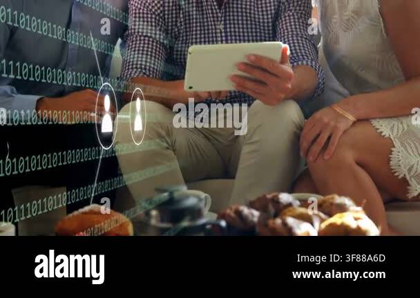 Center man using tablet and activating holographic network while team ...