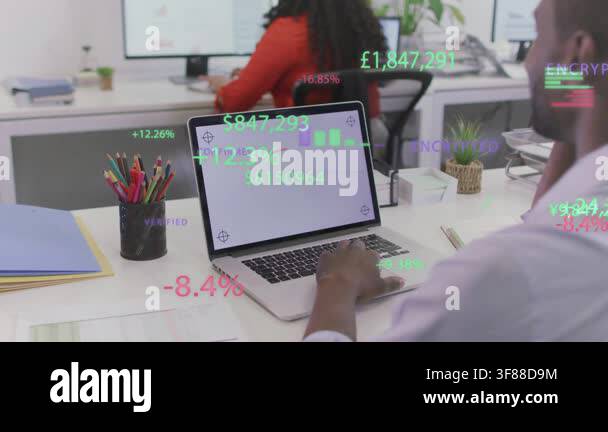 Coworkers, male using laptop trackpad, monitoring finance as overlays ...