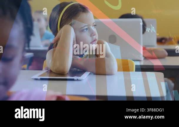 Girl receiving tablet ping, shifting gaze right in classroom, overlays ...