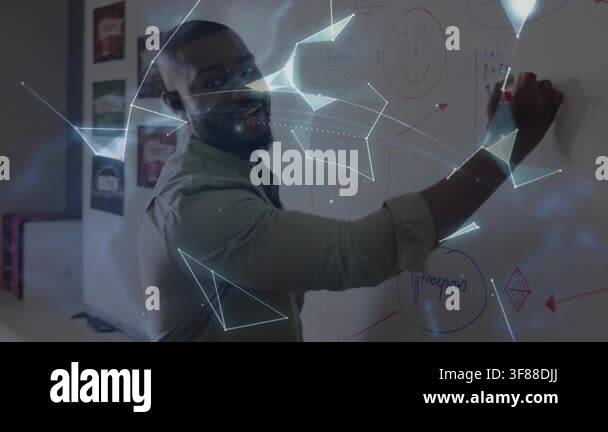 Man writing board red-marker, sketching nodes into rotating holo globe ...