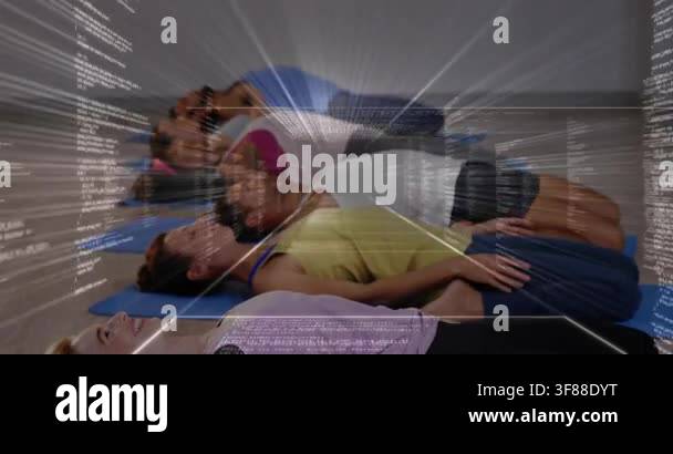 Fitness group lying on blue mats, overlay appearing then pulsing ...