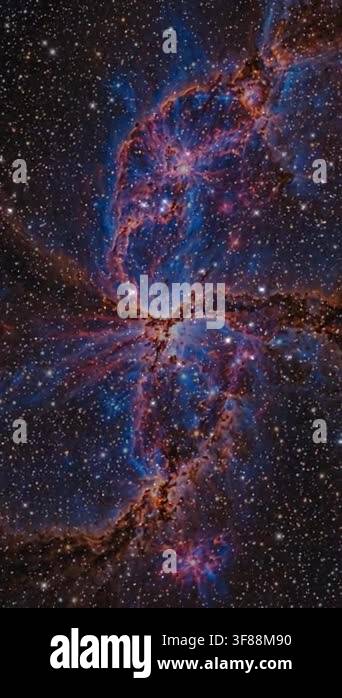 Dynamic cosmic explosion of blue red nebula clouds and bright shining ...