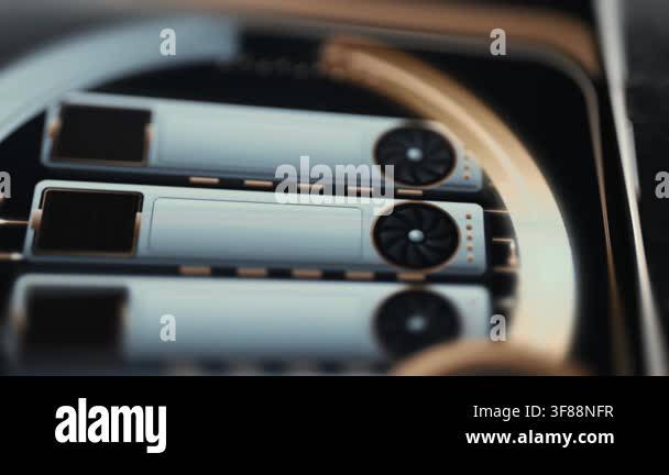 Detailed macro view of several GPU accelerator cards arranged in a ...