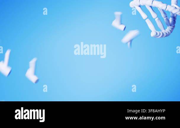 Abstract white DNA double helix forming from flying fragments on blue ...