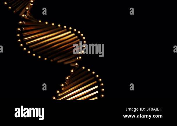 Abstract glittering gold DNA double helix rotating on a black ...
