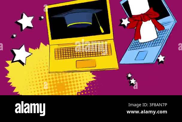 Cartoon Laptop, comic book Notebook with Graduation Cap and Rolled Up ...