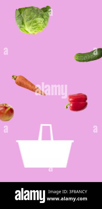 Animated fruits and vegetables falling into shopping basket on pink ...