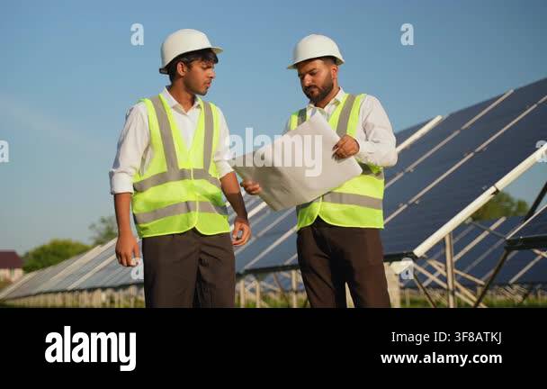 Two male engineers in safety vests and hard hats discussing a ...