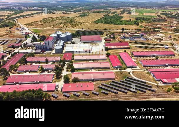 A large pig farm is shown with several buildings and structures. There ...