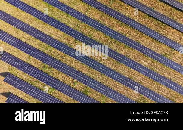 The scene shows solar panels arranged in neat rows on a field ...
