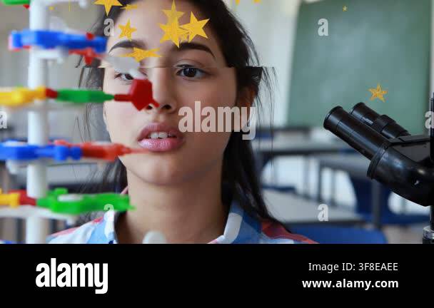 Science student turning after star glitching, peering into microscope ...