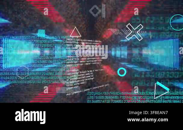 Camera pushing forward, data tunnel receding, cascading digits and HUD ...