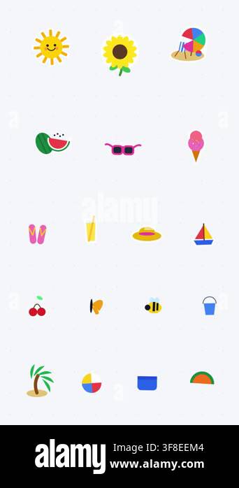 Colorful Summer Vacation Vector Icons Set Animated Against White ...