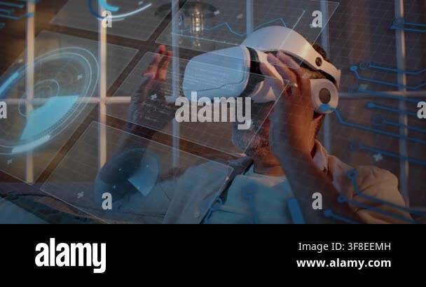 Man putting on VR headset, adjusting fit, activating blue holo dials ...