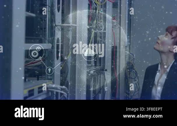 Cloud hologram appearing triggers female IT lead inspecting racks ...