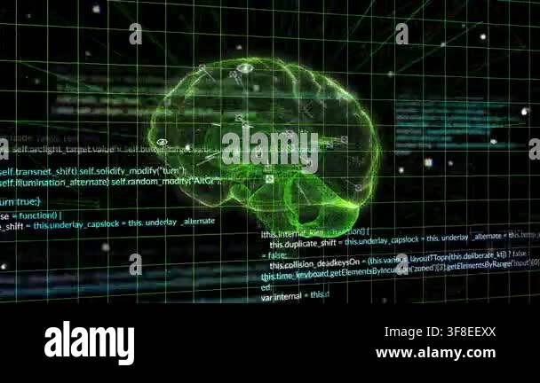 Responding to UI icons appearing, neon green 3D brain hologram rotating ...