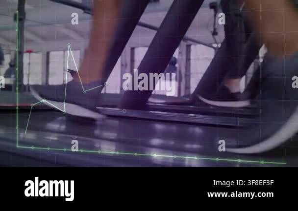 Closeup runner's shoes striking treadmill belt, driving fitness graph ...