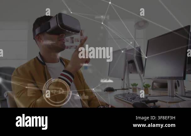 Vertical video: Man adjusting VR headset, tapping control and ...