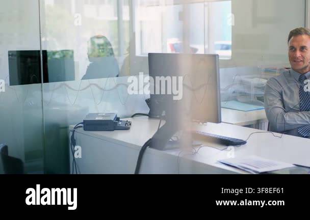 Man adjusting headset and initiating business call, glass partition ...