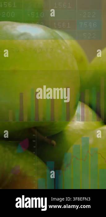 Vertical video: Camera panning revealing stacked apples, animated bars ...