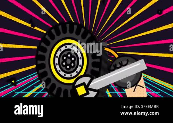 Retro synthwave 2D animation of a hand using a wrench to repair an off ...
