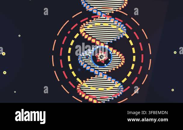 Stylized animated DNA double helix rotating with geometric shapes and ...