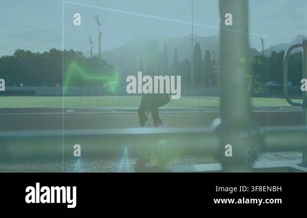 Vertical video: Male runner starting run on track, HUD waveforms ...