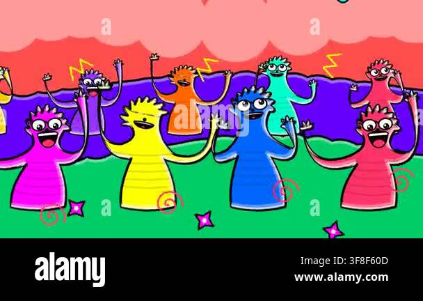 Colorful 2D animation of quirky alien characters waving their arms in a ...