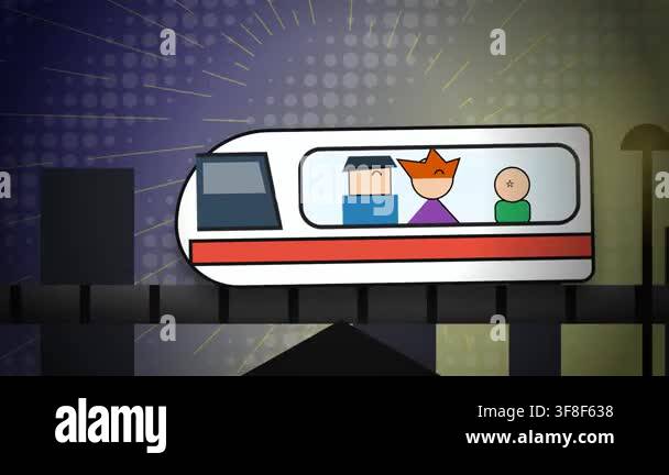 2D animation of a family riding a modern monorail train through a city ...
