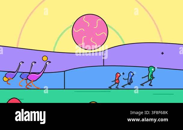 2D animation of stylized alien characters running away from two large ...