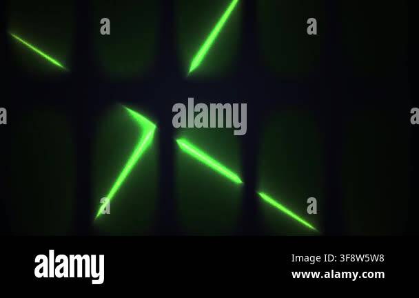 A series of abstract green laser light beams shifting and rotating in ...