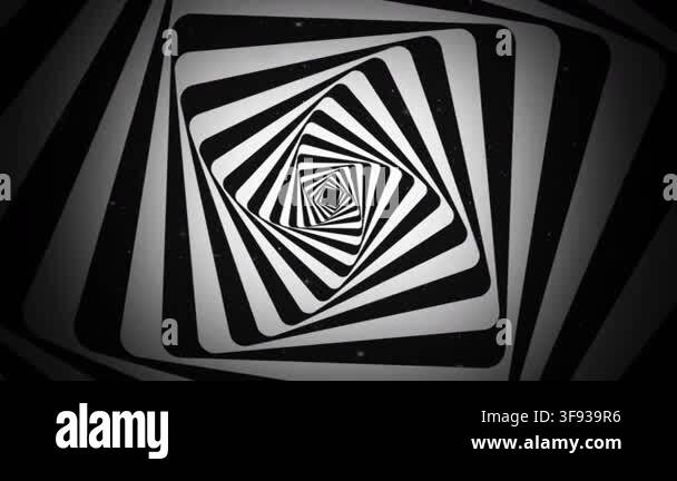 Striped quadrangular tunnel Op Art spiral rotating, black and white ...