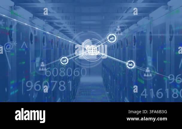 Animation of network of connections with digital icons and numbers over ...