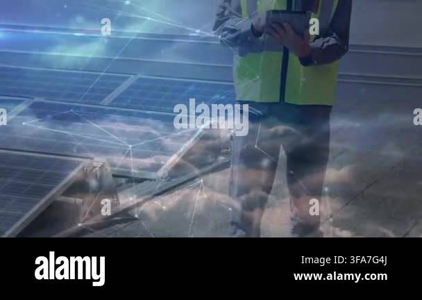 Field technician near solar panels, tapping tablet, clearing cloud ...