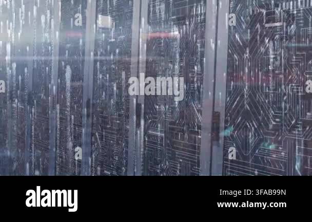 Animation of lights falling over servers. global network, connections ...