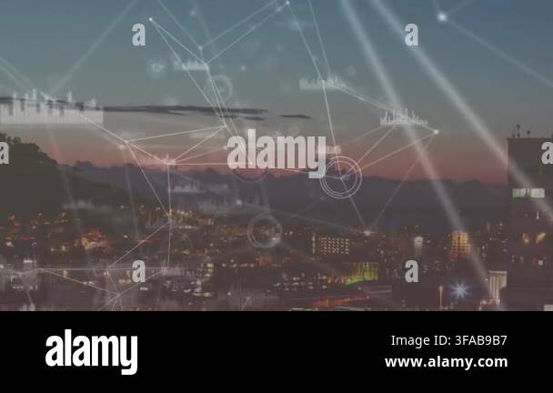 Animation of network of connections with data processing over cityscape ...