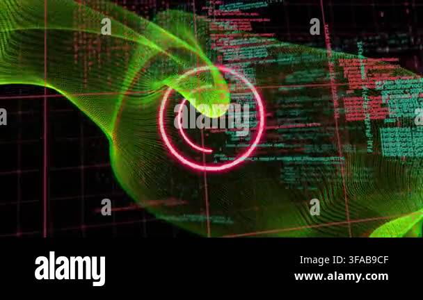 Animation of neon waves and circle over data processing on black ...