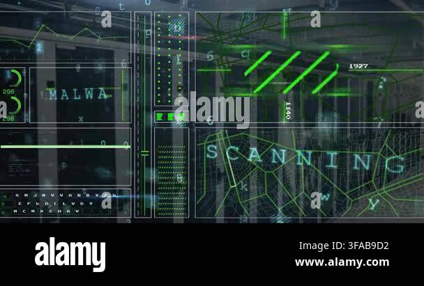 Animation of scanning malware warning text and data processing over ...