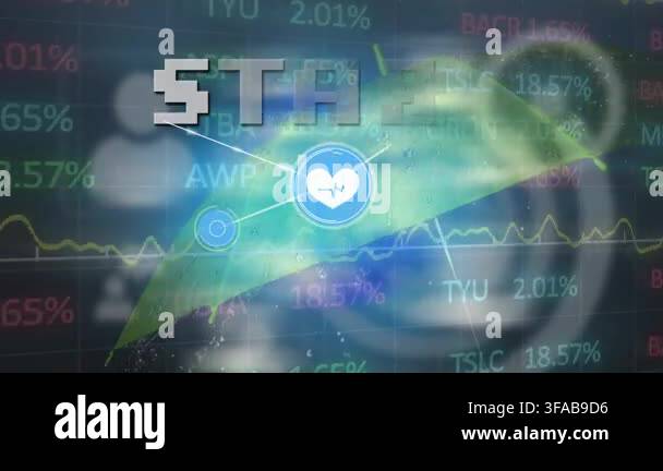 Animation of start text banner and network of digital icons against ...