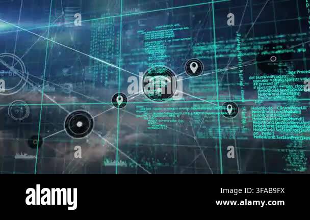 Animation of network of connections over data processing. Global ...