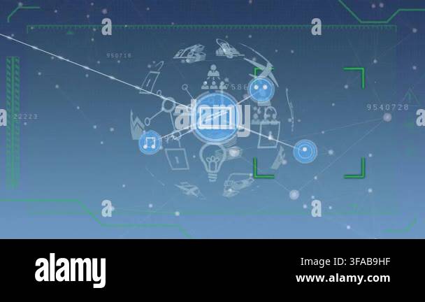 Animation of network of connections with icons over data processing on ...