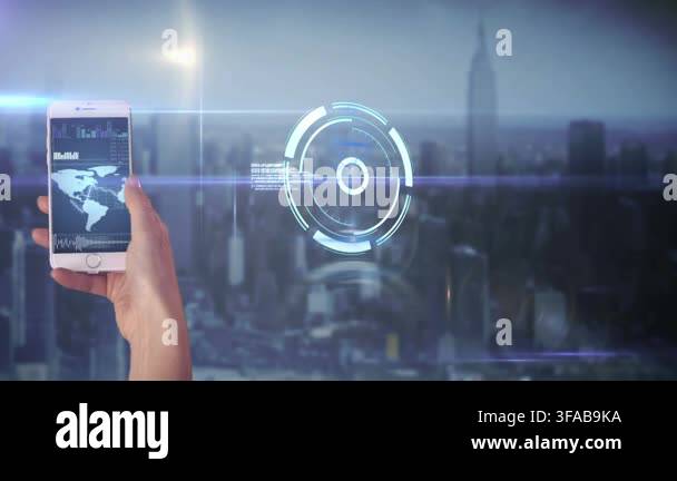 Animation of data processing and clock over caucasian woman with ...