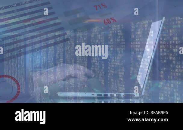 Animation of network of profiles and data processing over laptop ...